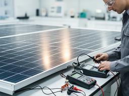 Laboratorio de pruebas con un técnico midiendo el rendimiento eléctrico de un panel solar
