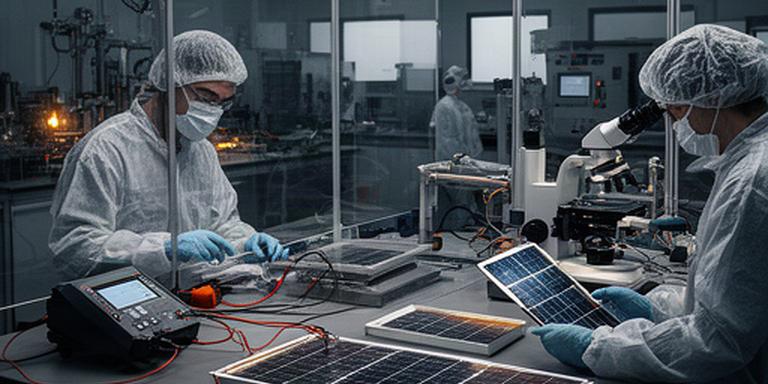 Técnicos analizando células solares en un laboratorio industrial de Mollet del Vallès