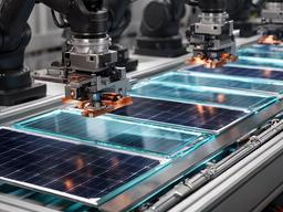 Línea de ensamblaje robotizada colocando células solares sobre una mesa industrial