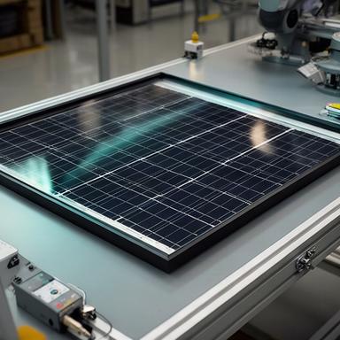 Panel fotovoltaico terminado con marco oscuro sobre una mesa de inspección de la fábrica