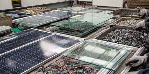 Paneles solares desmontados y clasificados para un ensayo de reciclaje industrial