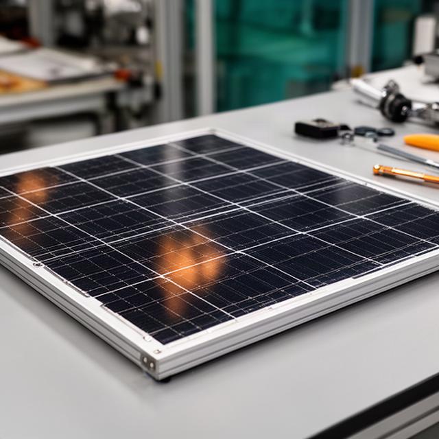 Panel fotovoltaico monocristalino terminado sobre una mesa de inspección industrial
