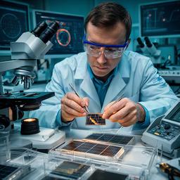 Boby Disler analizando células solares de silicio en un laboratorio técnico