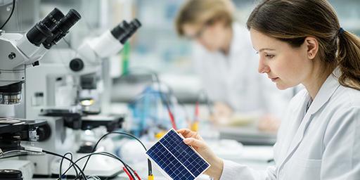 Investigadora revisando mediciones de una célula solar en un laboratorio universitario