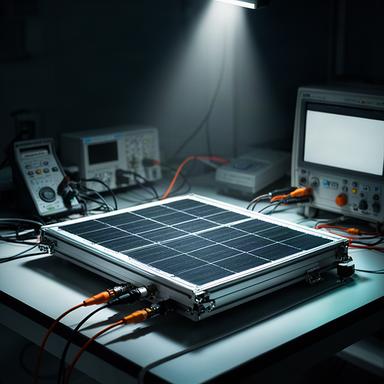 Prototipo de panel fotovoltaico en una mesa de pruebas con instrumentación eléctrica