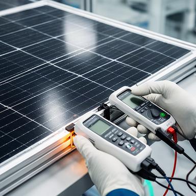 Panel fotovoltaico monocristalino bajo inspección técnica con instrumentos de medición