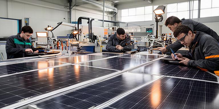 Técnicos revisando paneles solares en la línea de ensamblaje de una planta fotovoltaica de Mollet del Vallès